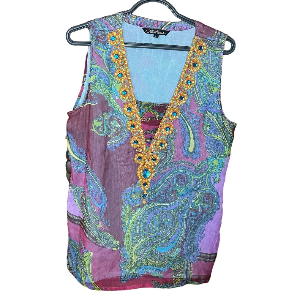 Silk Threads Sleeveless Top with Jeweled Neckline Size Large Sheer/ Fully Lined.